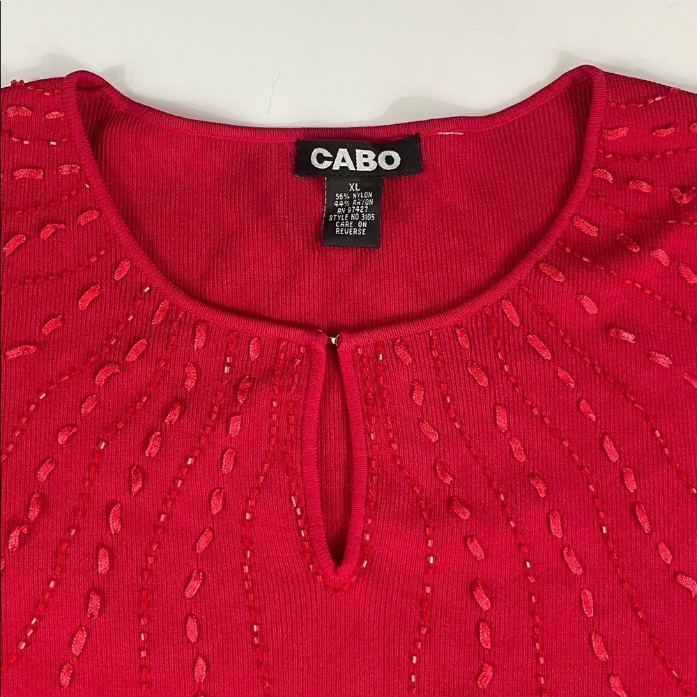 Cabo Red Embellished Sweater XL Keyhole Neck Long Sleeve Knit Womens Top - Picture 2 of 6